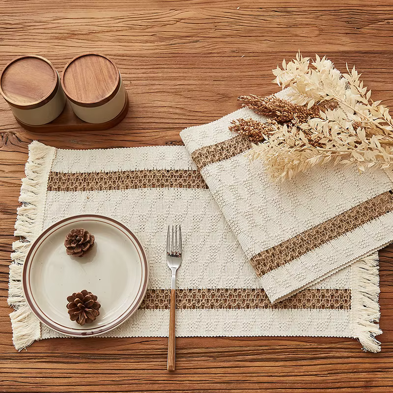 Napperons à pampilles tissés simples, tapis de Table carrés en coton et lin américain, décoration de