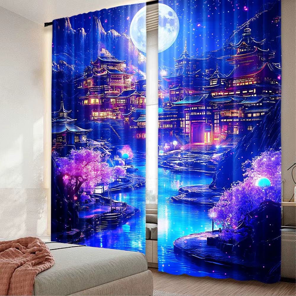 Rideau de paysage clair de lune pour chambre à coucher, château de montagne, eau, floral, décor de c