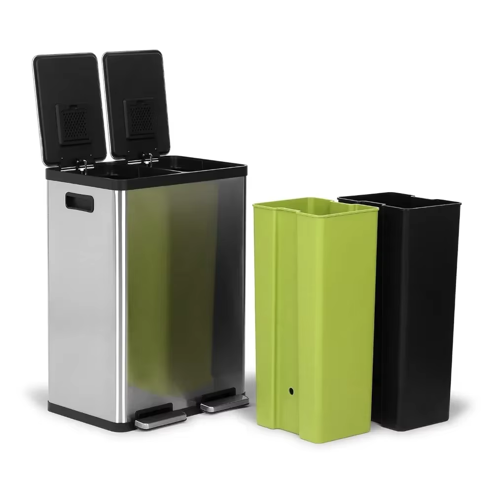 Poubelle de cuisine rectangulaire à double compartiment, mains libres, 60 litres/16 gallons, avec co