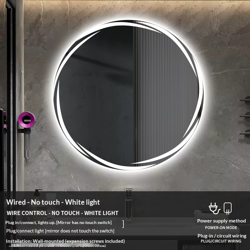 Miroir de salle de bain rond de 70 cm, anti-buée, LED, rétroéclairé, HD, mural, avec lumière à inten