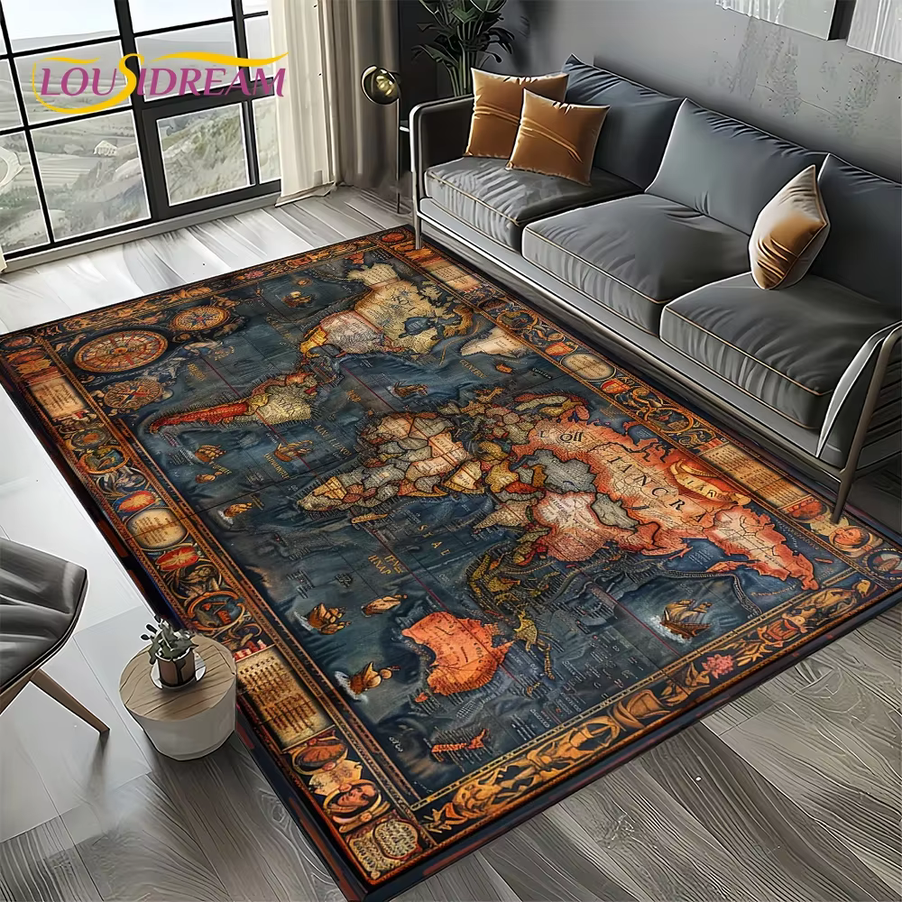 Tapis de sol antidérapant 2025, motif carte nautique rétro antique, boussole, pour salon, chambre, d