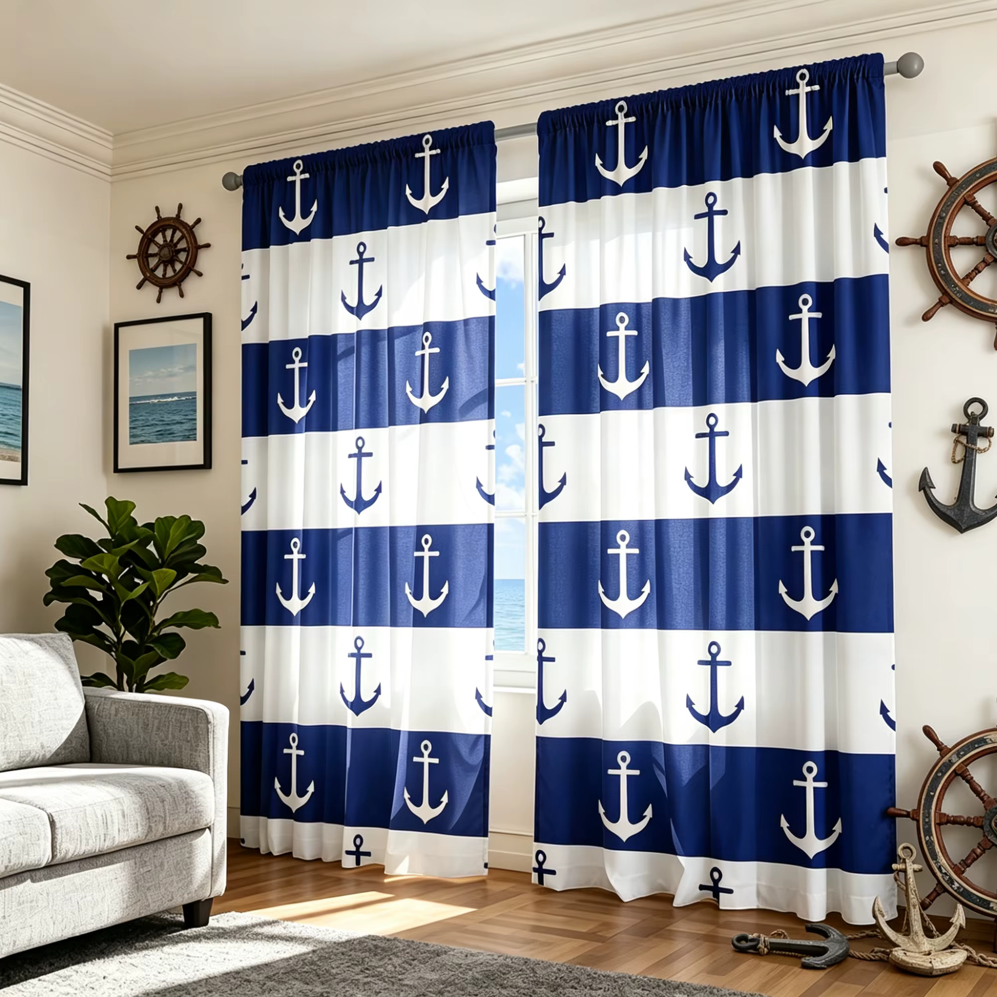 Rideaux plats 2D, 2 pièces, motif d'ancre de bateau rayé bleu et blanc, style océanique simple, semi
