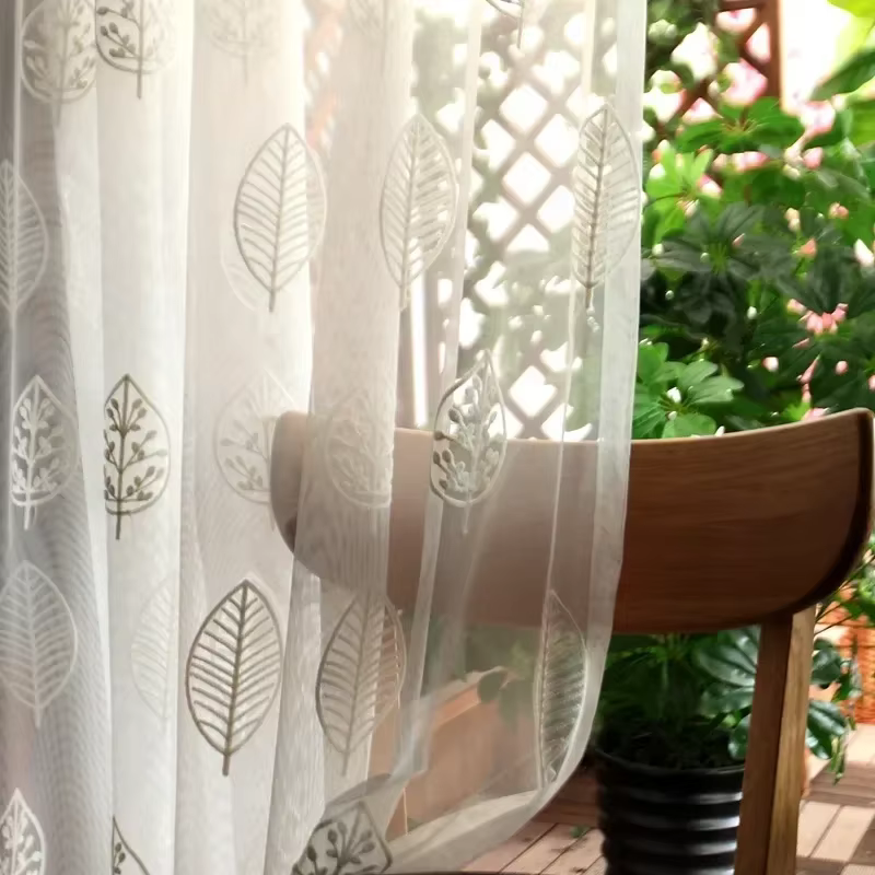 Rideaux de fenêtre brodés de feuilles américaines, en Tulle léger et imperméable, pour salon, salle 