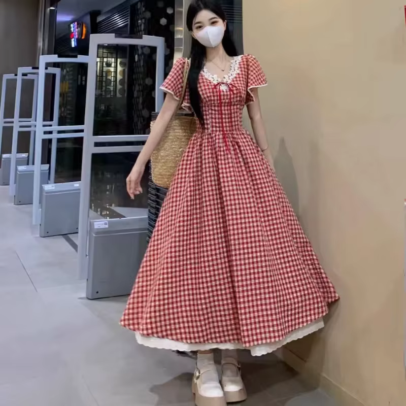 Robe mi-longue à carreaux pour femme, élégante, Style français, manches courtes, même fête, décontra