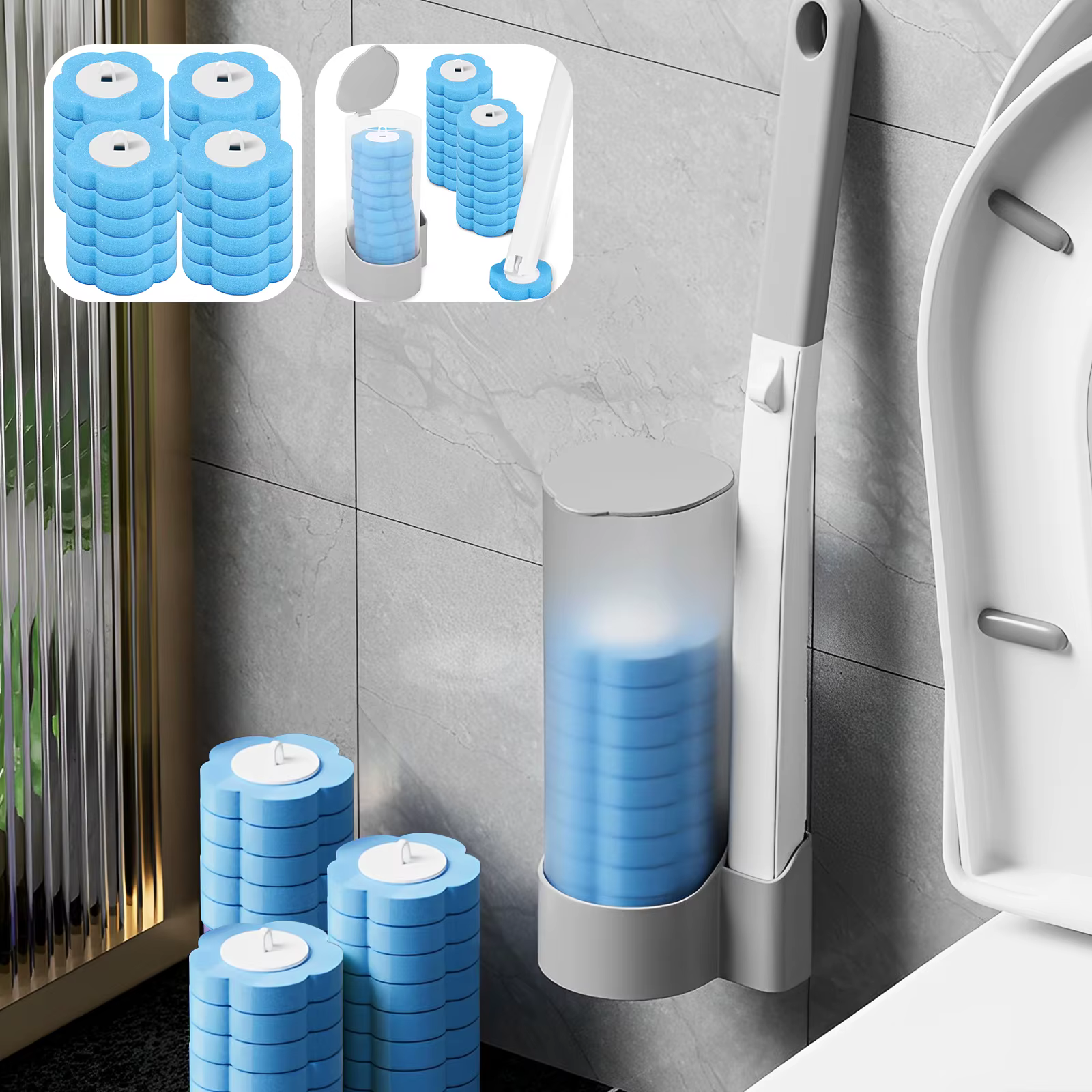 Brosse de toilette jetable à Long manche, Kit d'outils de nettoyage de Wc mural avec tête de brosse 