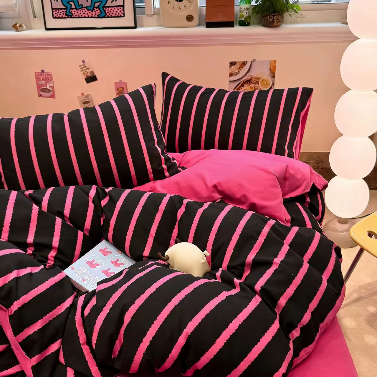 Ensemble de housse de couette noir/rose vif, 3 pièces (1 housse de couette + 2 taies d'oreiller, san