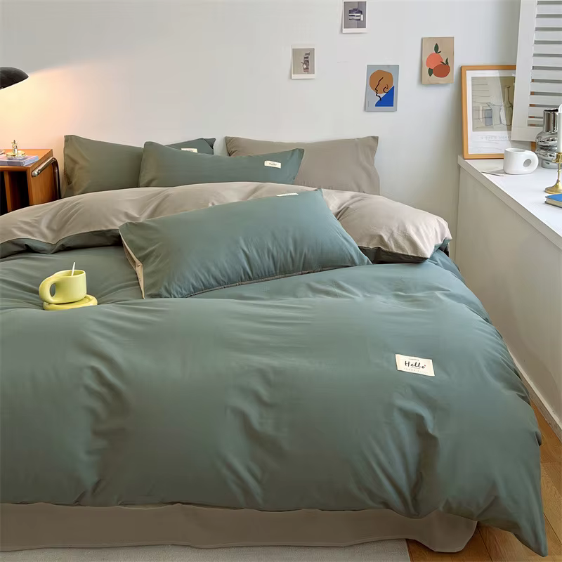 Parure de lit trois pièces confortable de couleur unie, ensemble quatre pièces vert