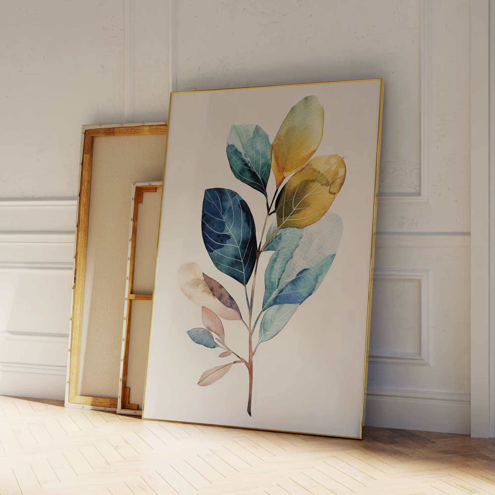 Impressions d'art mural d'interconnexion moderne avec des feuilles d'or et bleues, peinture sur toil