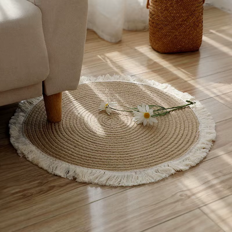 HeMu-Tapis Rond Tissé à la Main avec Pompon, en Rotin et Jute, pour Chambre à Coucher, Salon, Vintag