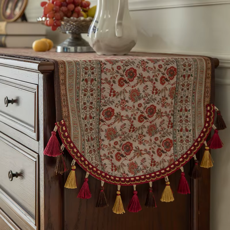 Chemin de table en lin vintage – Décor de cérémonie de thé à pampilles Boho de luxe, extra long pour