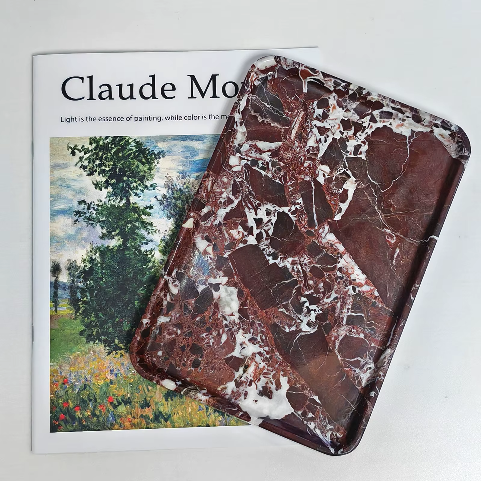 Plateau en pierre travertin naturelle - Organisateur rectangulaire violet |   Plateau de courtoisie 