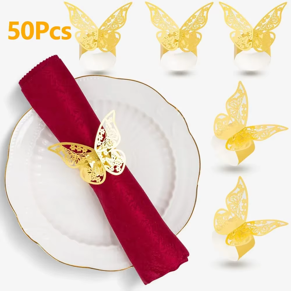 100/50 pièces anneau de serviette motif creux or et argent anneau de serviette fête de mariage décor
