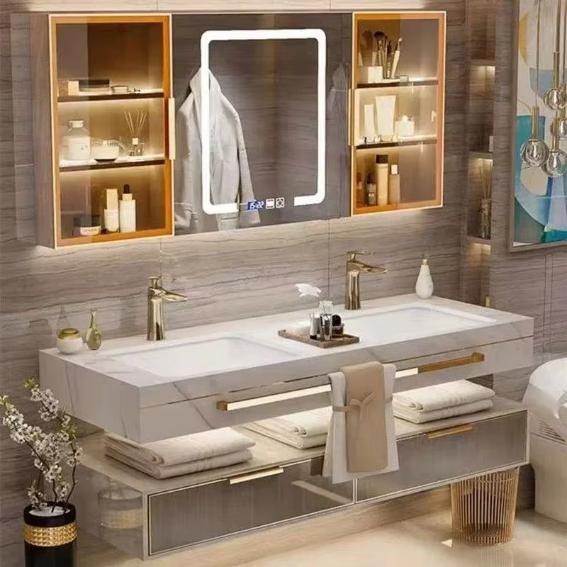 Meubles de salle de bain modernes avec lavabo intégré en céramique sans joint, meuble-lavabo minimal