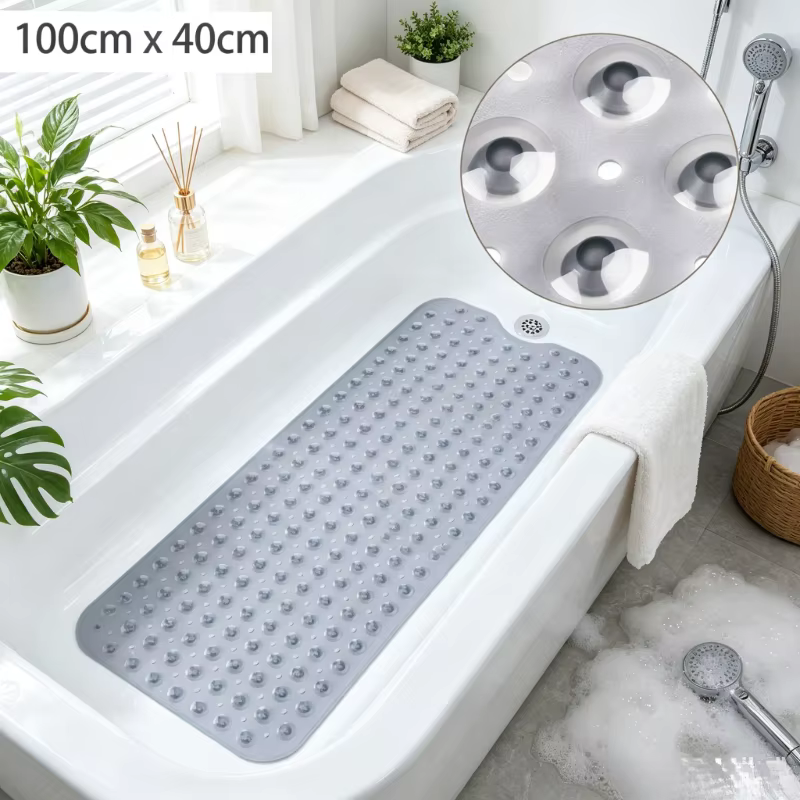 Tapis de bain incurvé en PVC 100x40cm, tapis de douche antidérapant avec ventouses, design drainant 