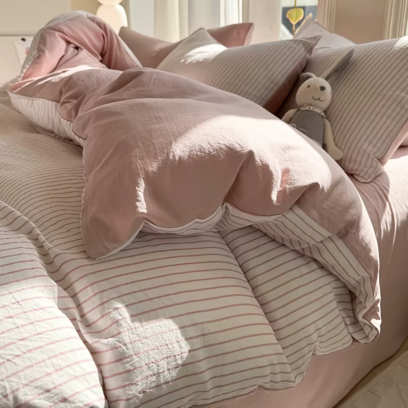 Parure de lit en coton lavé 100% à rayures avec taie d'oreiller, drap, housse de couette, tailles si