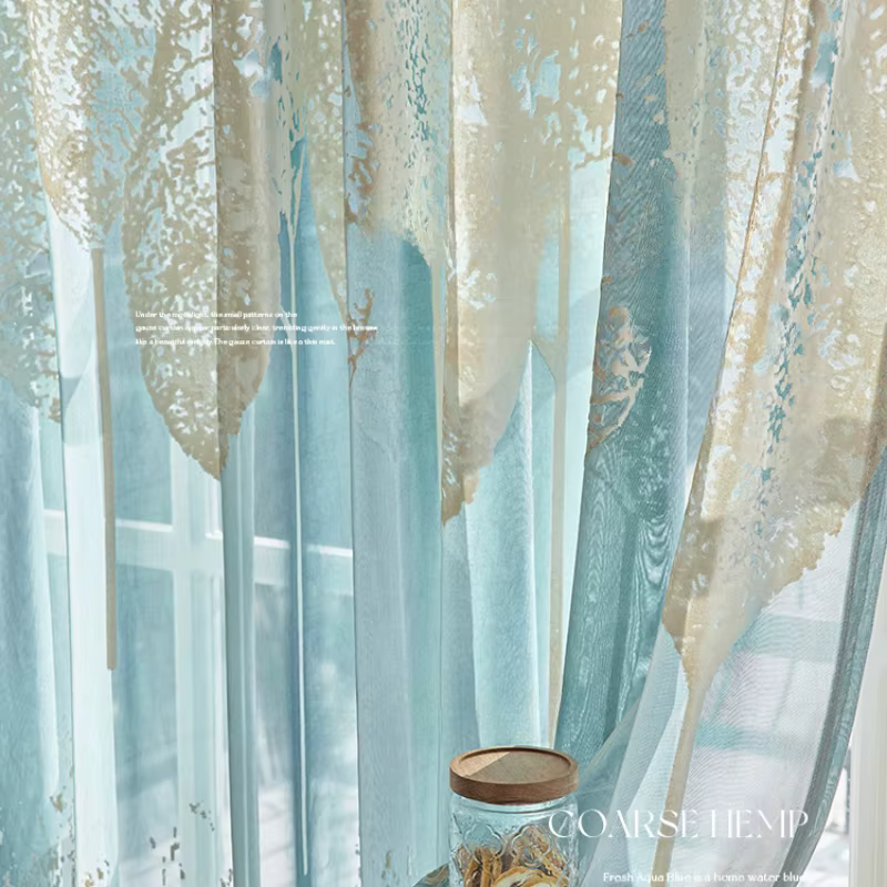 Rideaux pour salon, salle à manger, chambre à coucher, feuilles bleues, transmission de la lumière, 