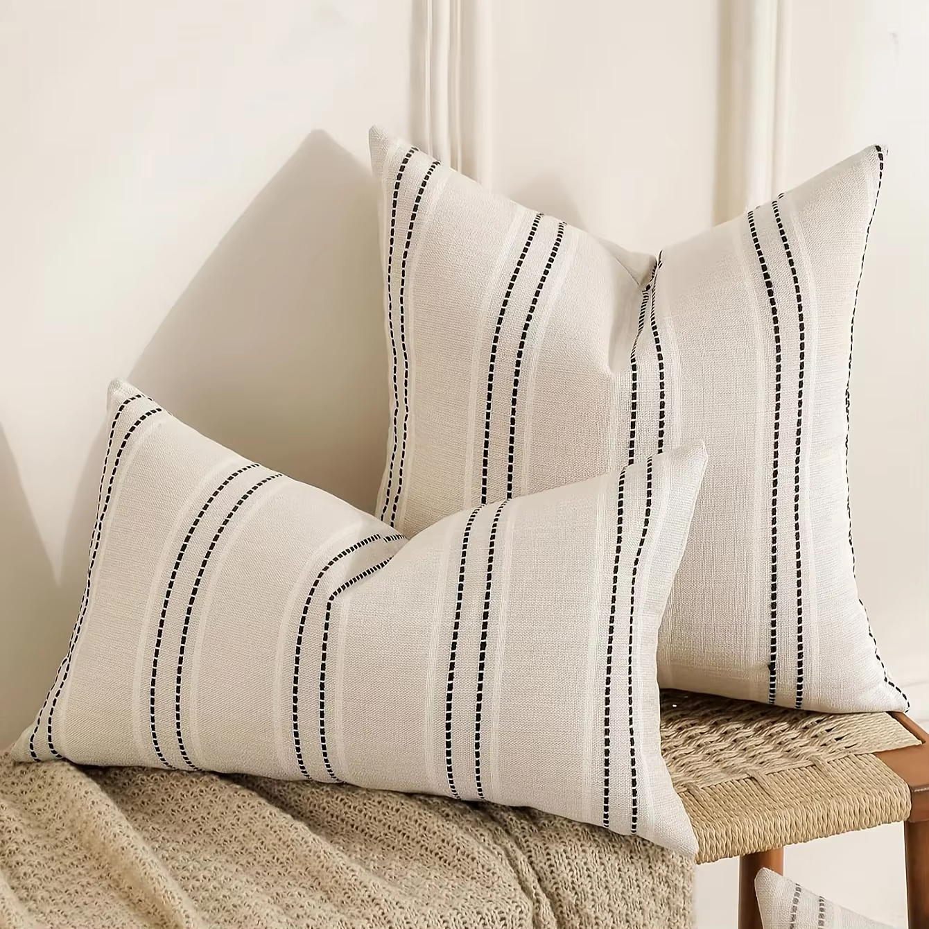 Housses de coussin en lin de ferme bohème, beige avec blanc, motifs à rayures, taies de coussin déco