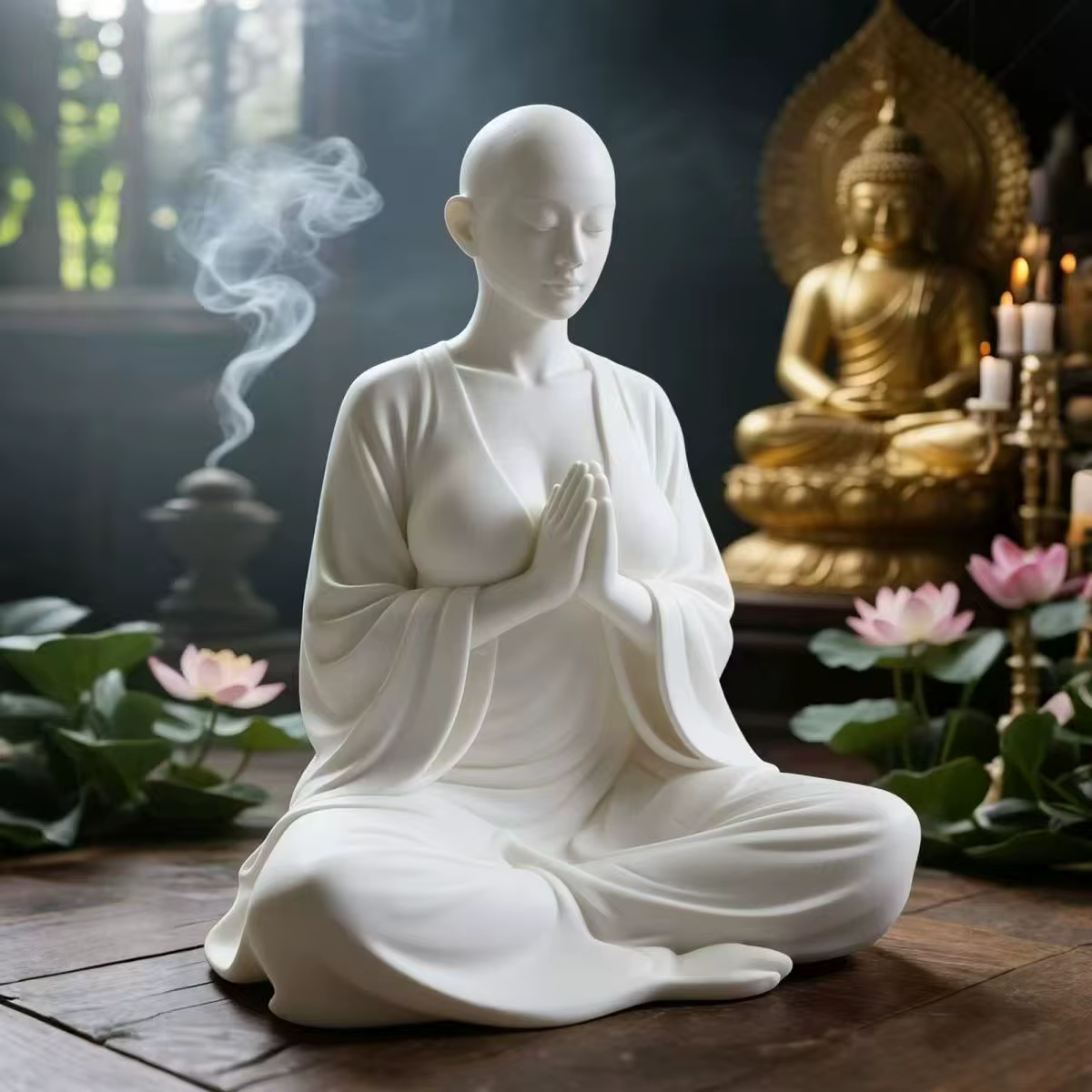 Statue de méditation imprimée en 3D, sculpture zen en résine blanche, décoration minimaliste pour la