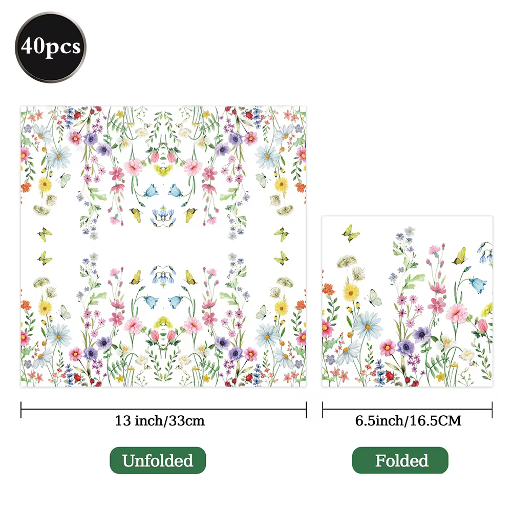 40 pièces serviettes à fleurs sauvages 13 pouces serviettes à fleurs en papier pour Cocktail printem