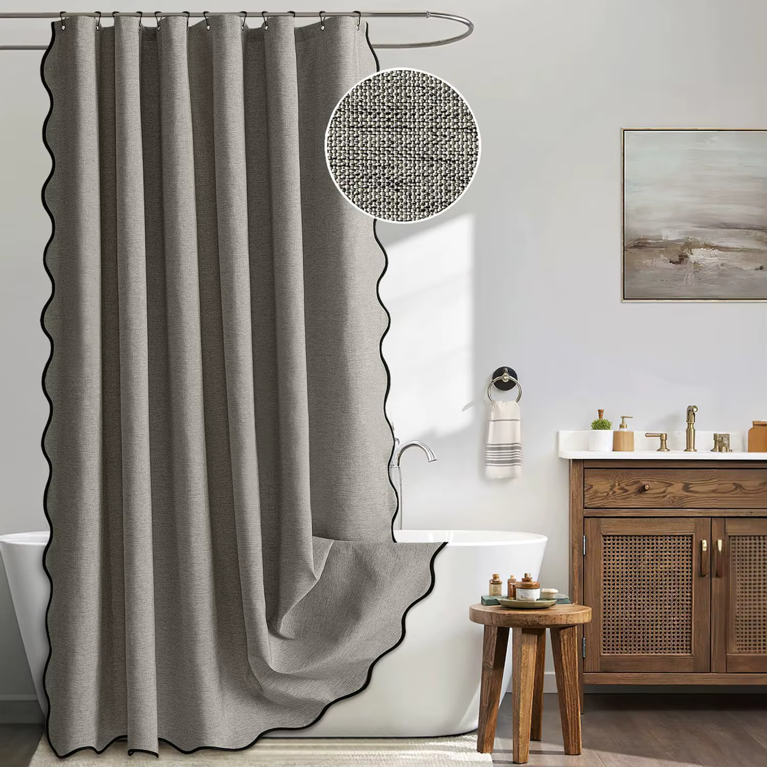 Nouveau rideau de douche de luxe en lin 2026 avec crochets en métal noir, imperméable et anti-moisis