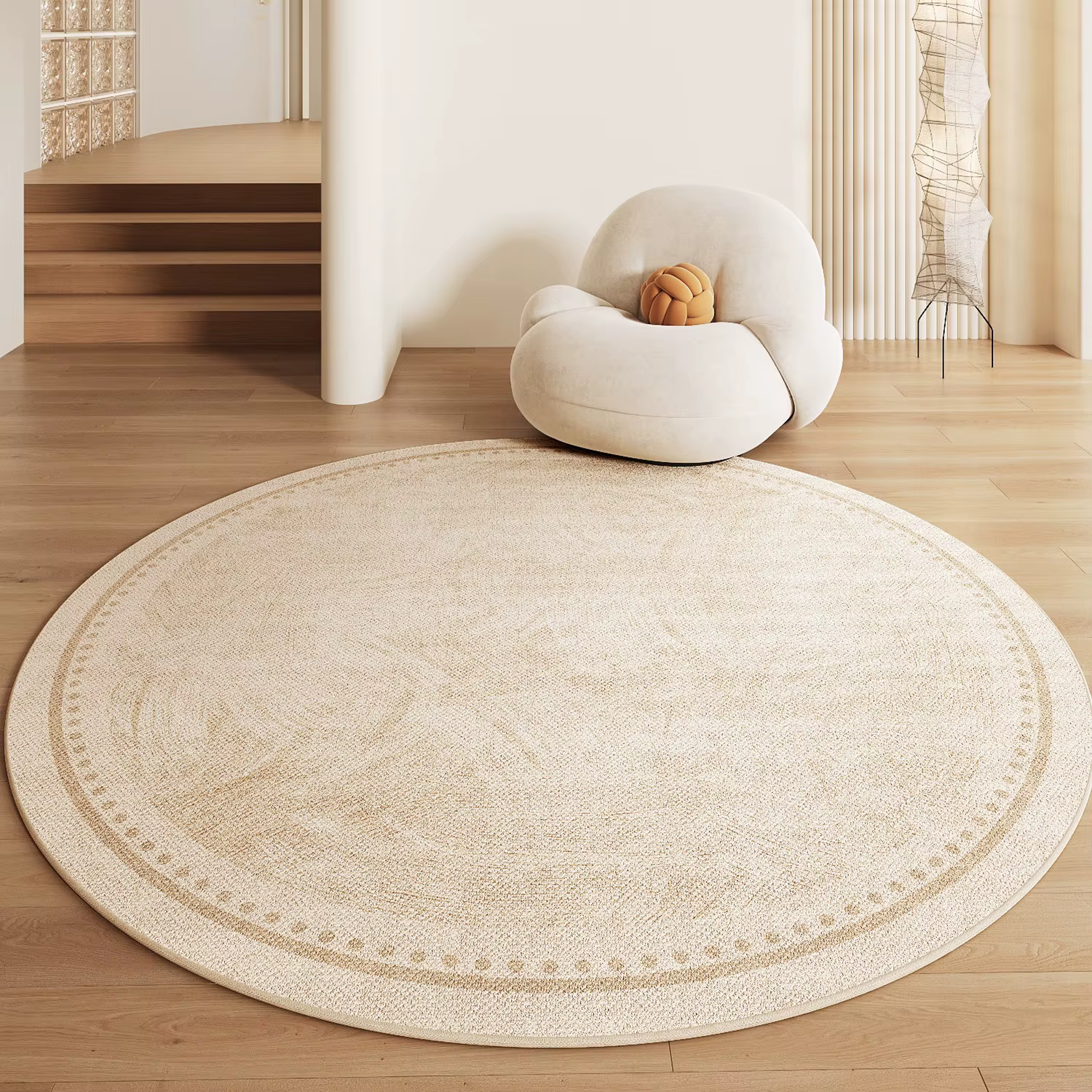 Tapis rond lavable style crème pour salon, chambre à coucher, tapis épais en peluche pour vestiaire,