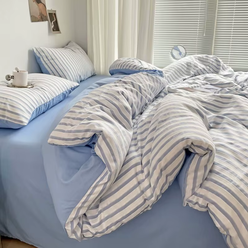 Parure de lit à rayures en coton lavé, ensemble de literie de style Ins, housse de couette, drap de 