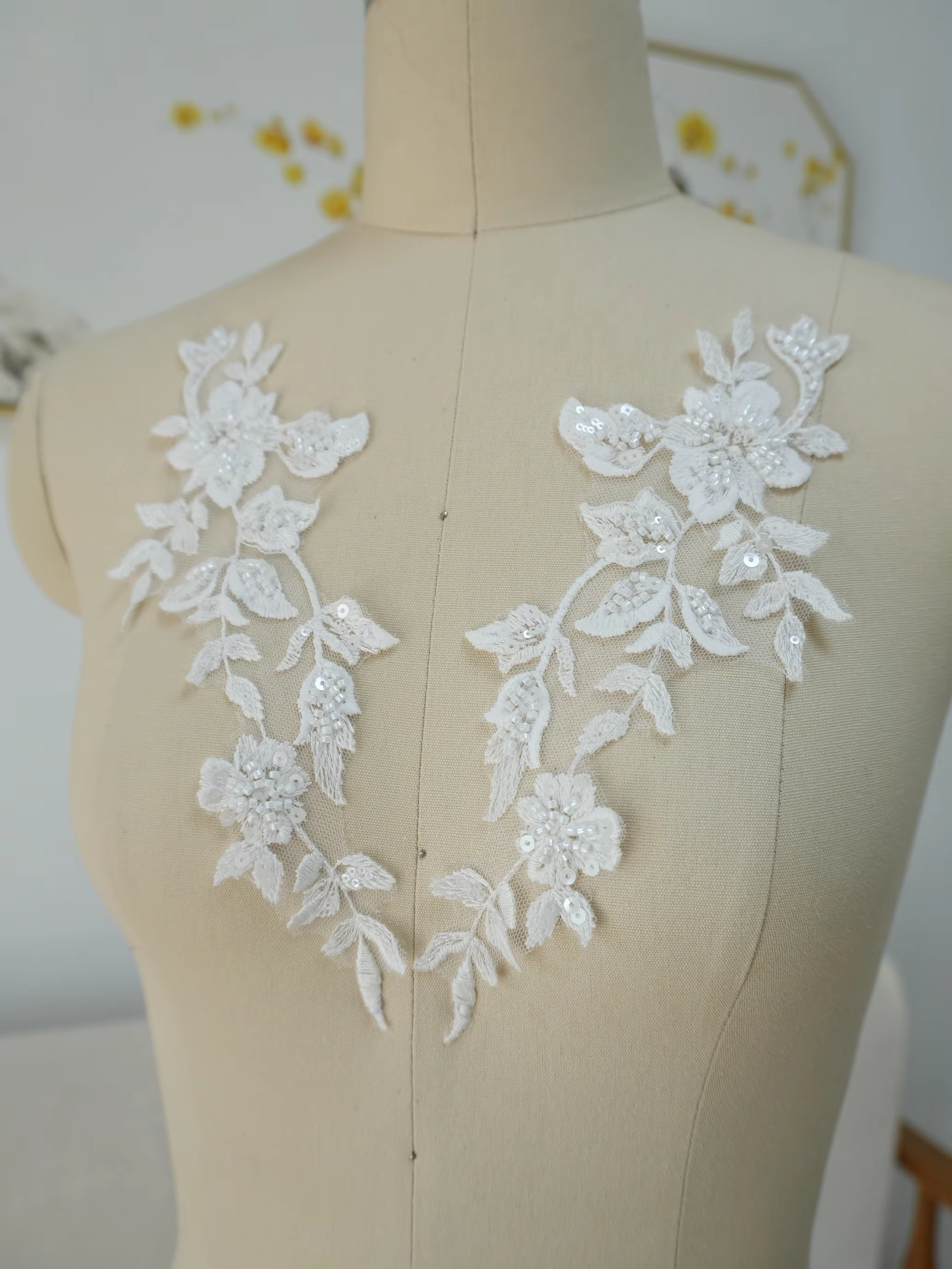 Patch brodé en dentelle à paillettes pour robe de mariée, voile, pièce florale, vêtement, matériel d