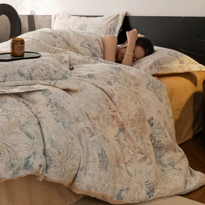 Parure de lit en velours de lait chaud, housse de couette + drap plat + taie d'oreiller à impression