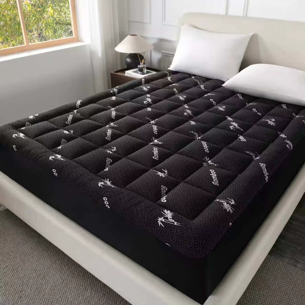 Protège-matelas matelassé épais en bambou noir, vert et anthracite avec jupe de lit à poches profond