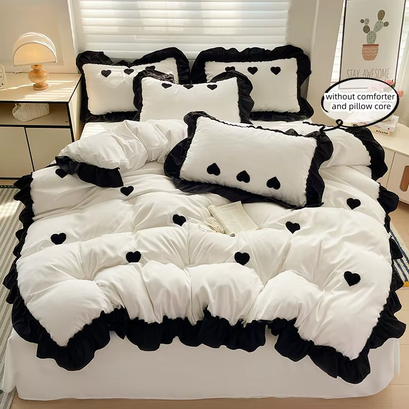 Ensemble de draps 3 pièces, housse de couette brodée de cœur noir, ensemble de literie confortable, 