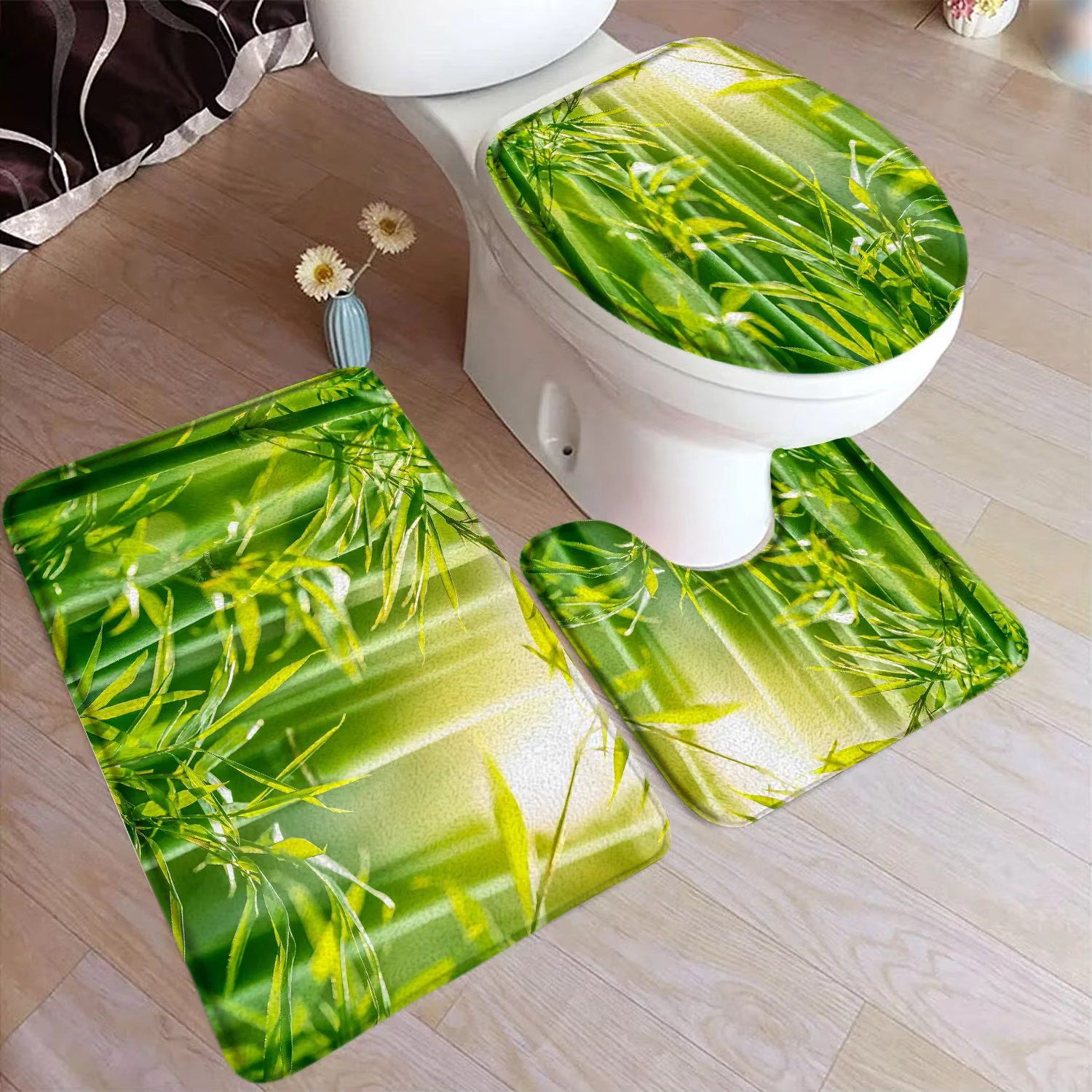 Ensemble de polymères de bain en bambou vert, feuilles naturelles, plantes forestières, tapis de mai