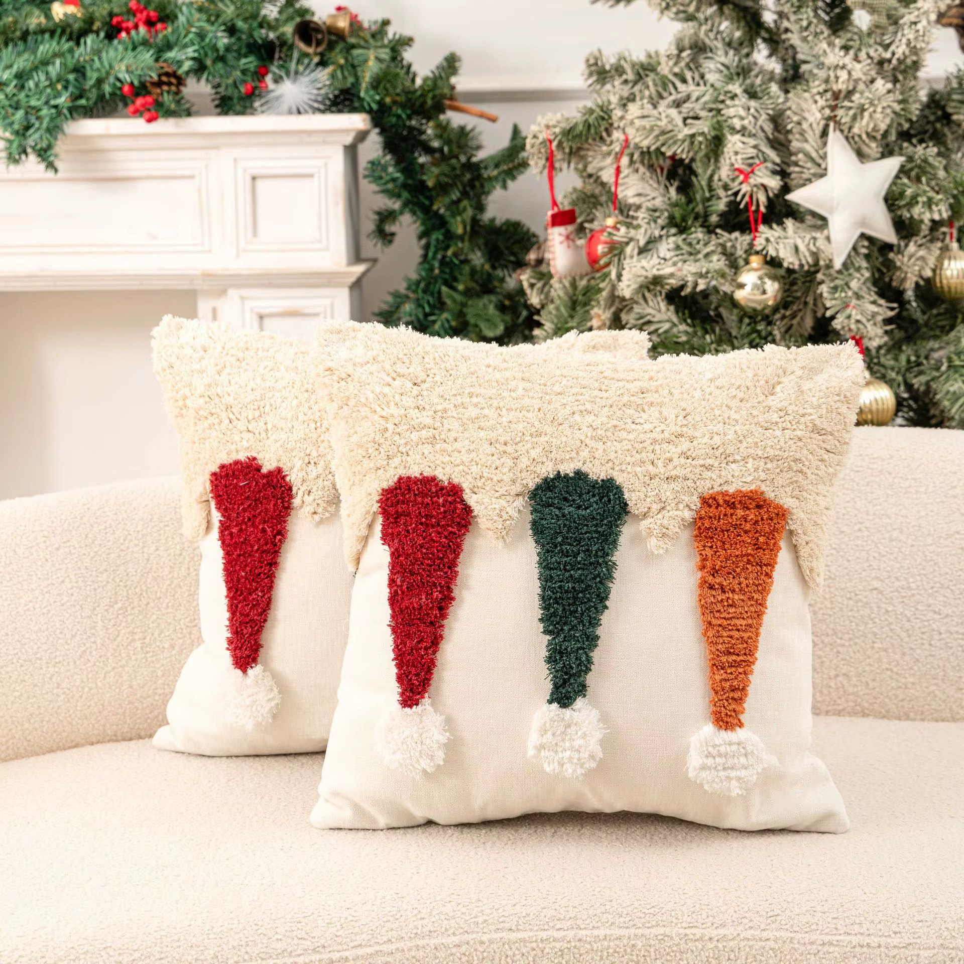 Housse de coussin touffetée de noël colorée, taie d'oreiller de luxe en Polyester et coton, cadeau d