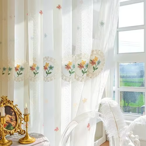 Rideau de gaze Simple de luxe léger, Protection solaire de jardin, rideaux de fleurs brodés pour sal