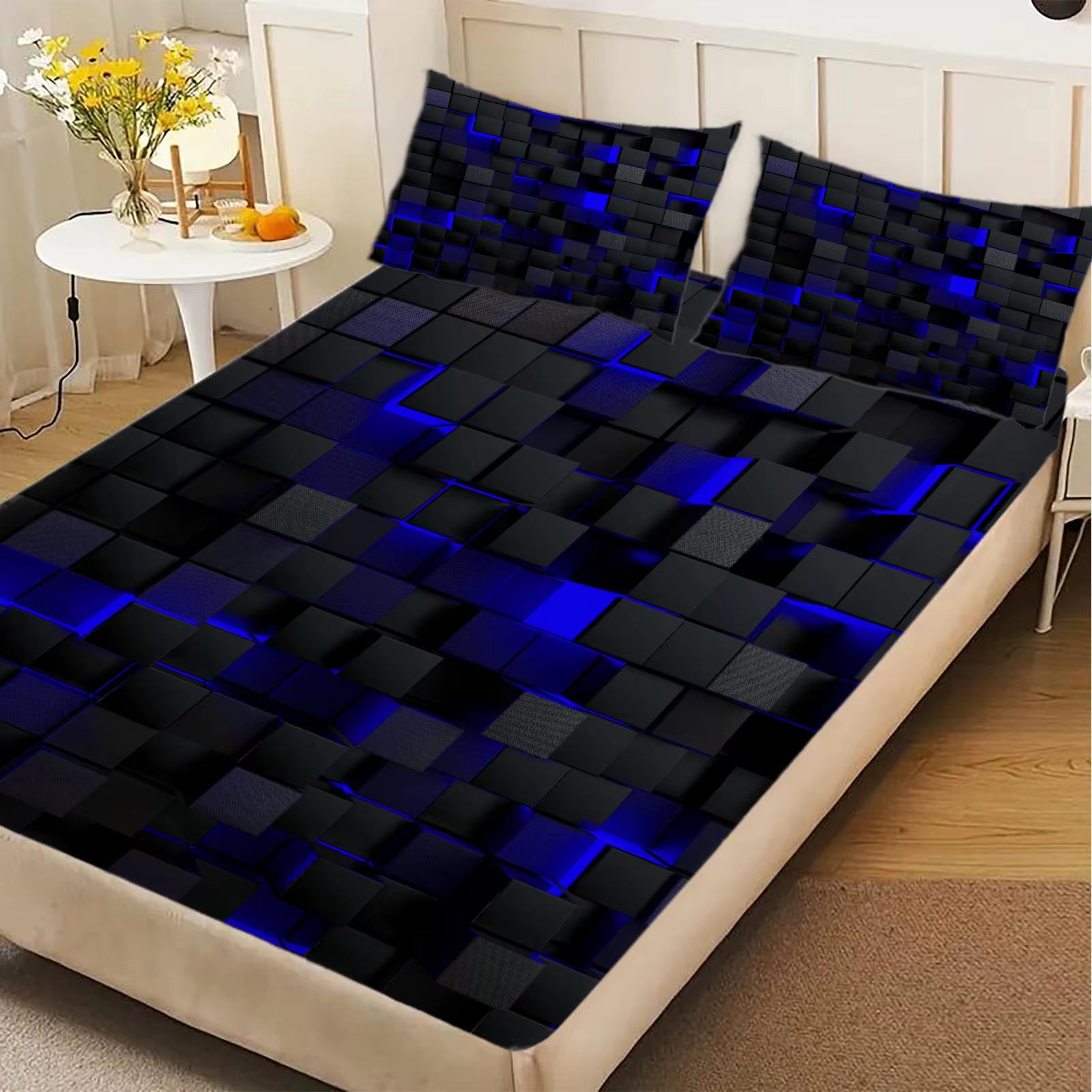 Drap-housse géométrique 3D carré, 1 pièce, noir, bleu, texture cube lumineux, en microfibre douce, p
