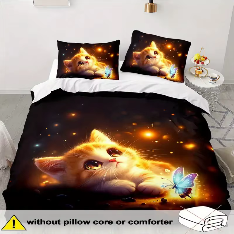 Ensemble de housse de couette chat mignon 3 pièces, housse de couette imprimée numérique 3D, ensembl