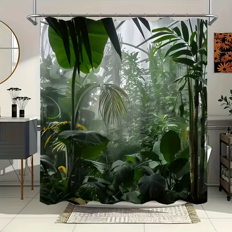Rideau de douche de salle de bains de paysage de feuillage tropical lavable en machine, rideau de do