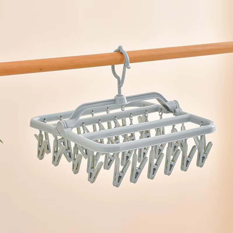 【M】Séchoir à linge pliable en plastique avec 32 pinces et crochet rotatif à 360° pour sécher les cha