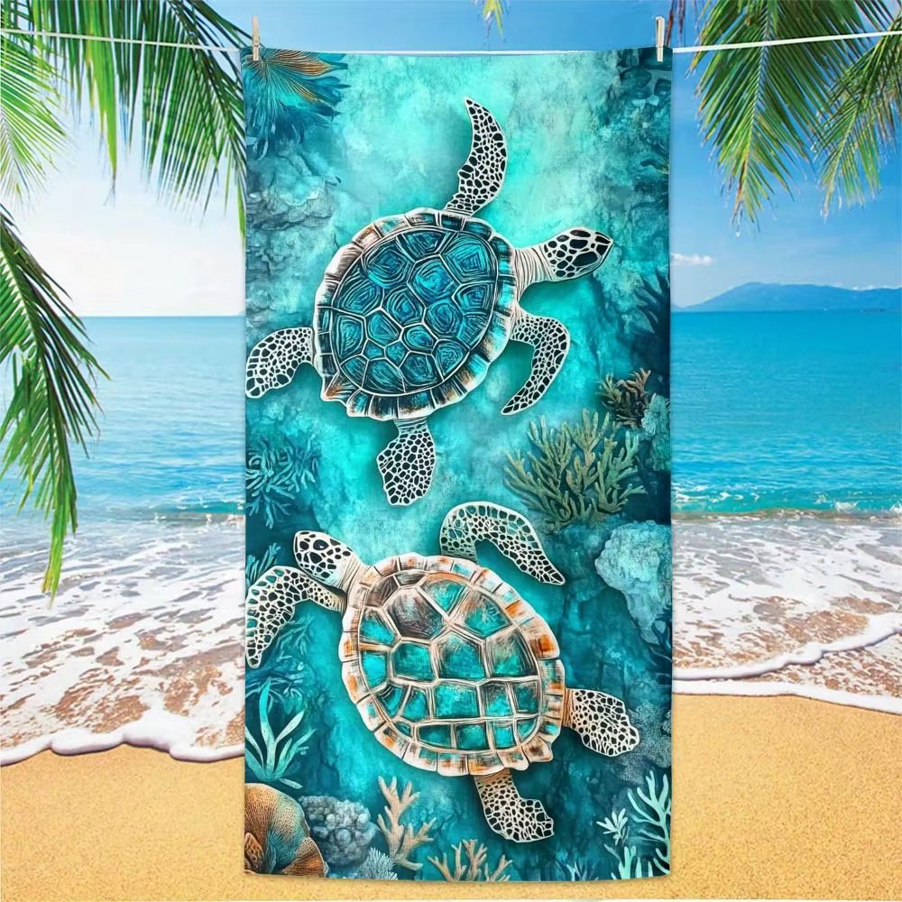 Serviette de plage rétro à imprimé tortue de mer, bleu océan corail, séchage rapide, pour l'été, la 