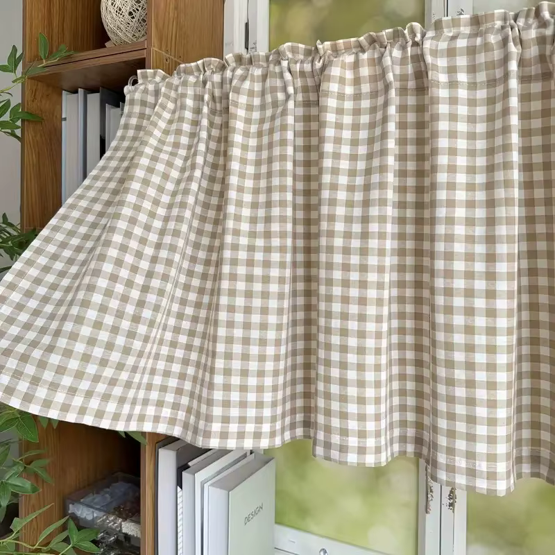 Rideau de café vichy Beige, cantonnière de fenêtre courte pour étagère de cuisine, ferme, filtrage d