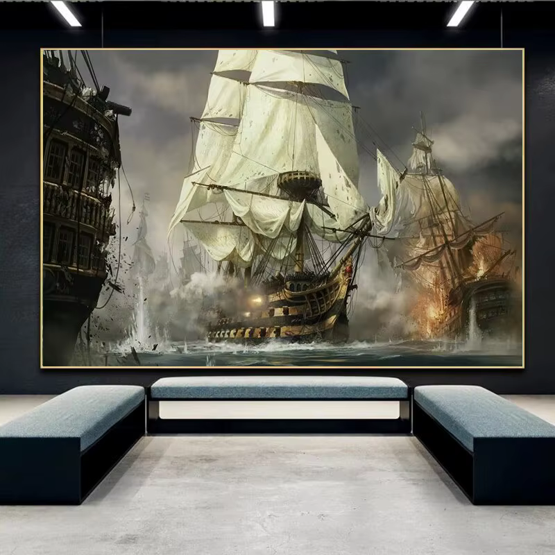 Peinture sur toile de voilier dans la mer, affiche de paysage, impression d'art mural moderne, image