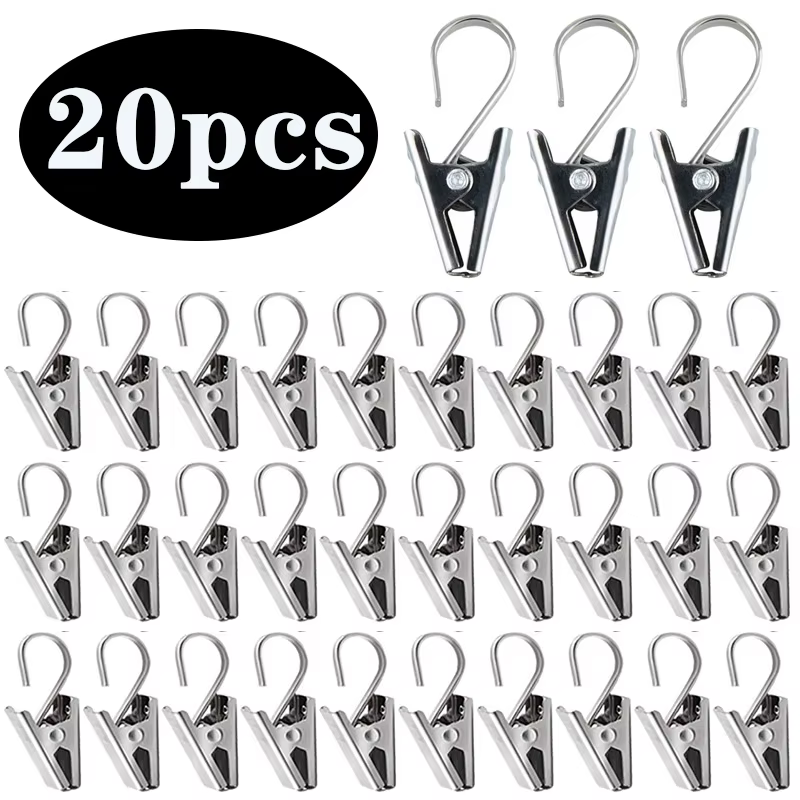 Clips de rideau en acier inoxydable, 20 pièces, avec crochet, robustes et durables, accessoires de d