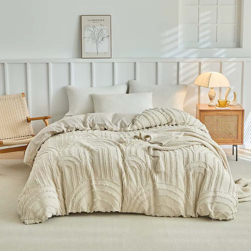 Ensemble de housse de couette florale en relief, 2/3 pièces, ensemble de lit doux touffeté à rayures