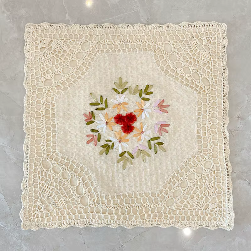 Housse de coussin en coton et lin crocheté de 45 cm, faite à la main, motif floral rétro, broderie t