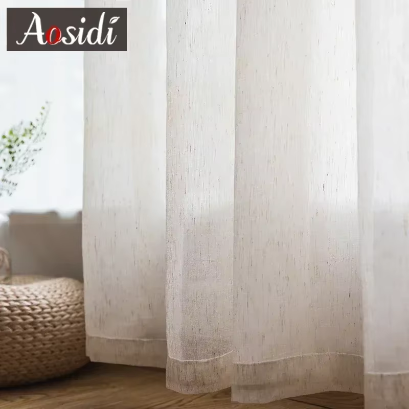 Rideaux en tulle beige aspect lin pour salon, voilages modernes en lin pour chambre, draperies unies