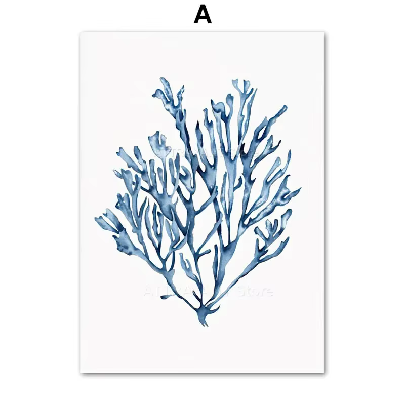 Affiches bleu marine avec corail, algues marines, étoiles de mer, coquillages, conques, impressions 