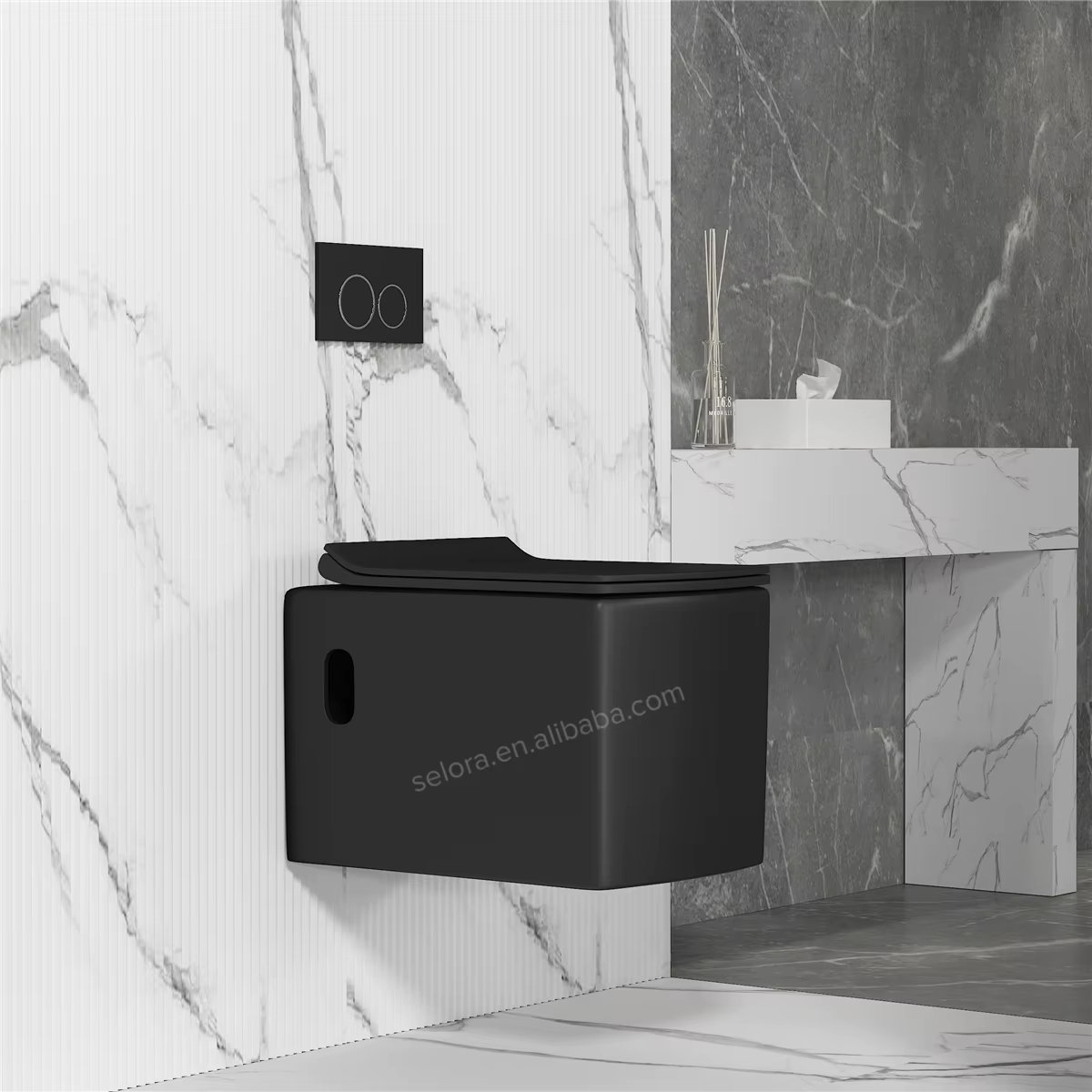 Ensemble de sanitaires de salle de bain noir mat moderne pour hôtel, comprenant WC, lavabo sur colon