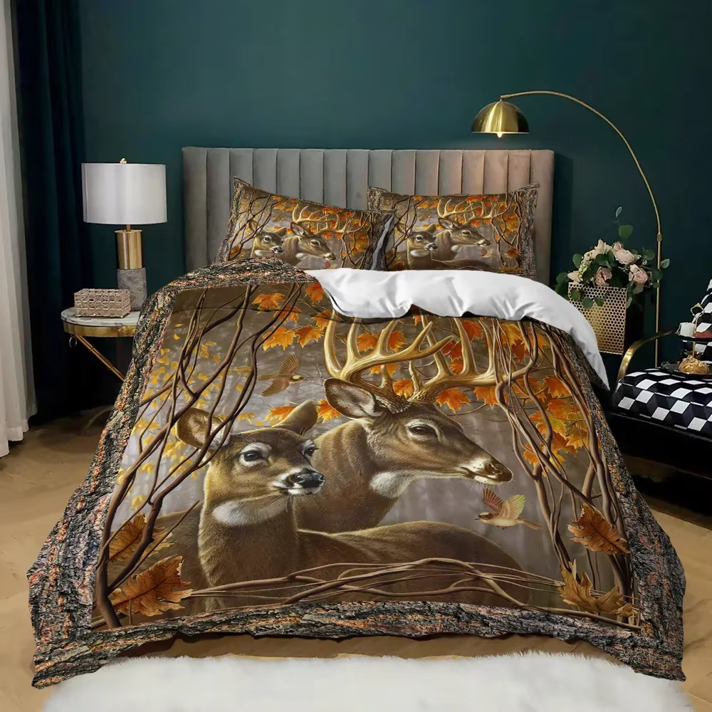 Ensemble de housse de couette en Polyester, 2/3 pièces, cerf, feuilles de forêt d'automne, animaux s