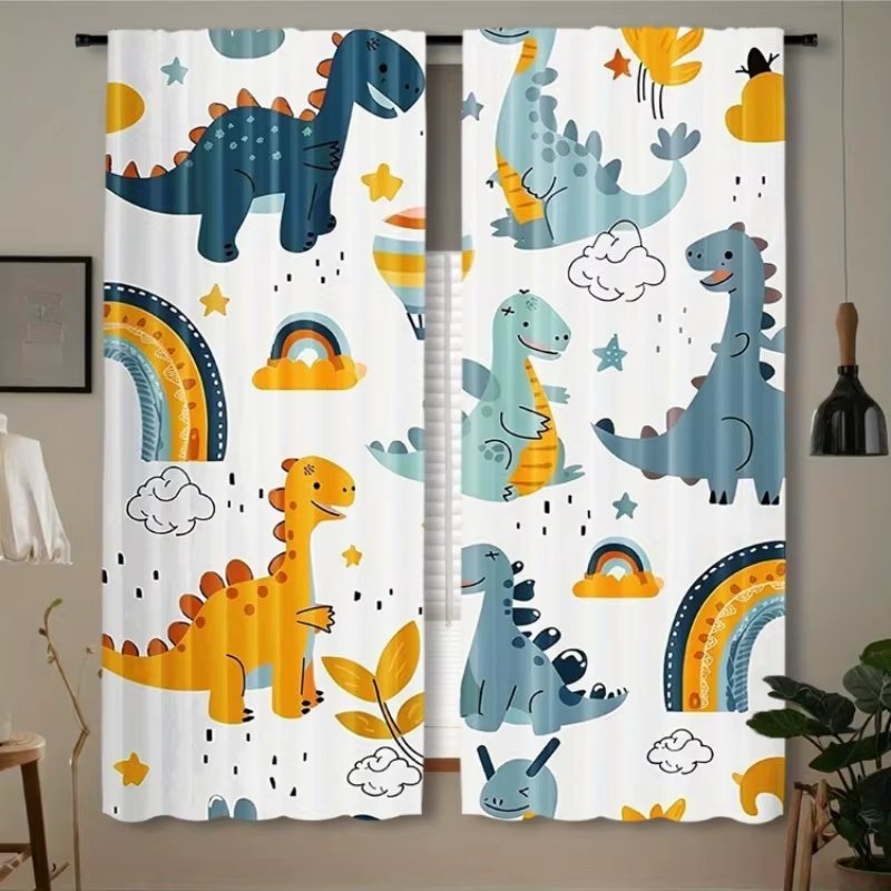Rideau mignon pour tout-petits motif dinosaure, 2 panneaux, fond blanc, rideau de chambre à étoiles 