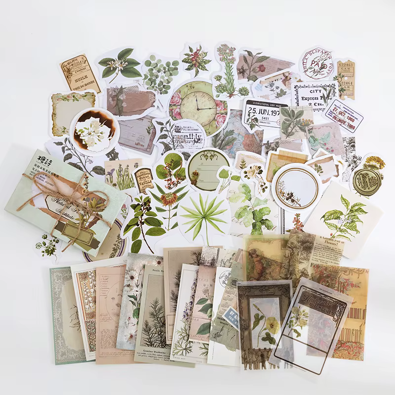 Yoofun 60 pièces/paquet multi-matériaux autocollant Pack Vintage champignons plantes papillons autoc