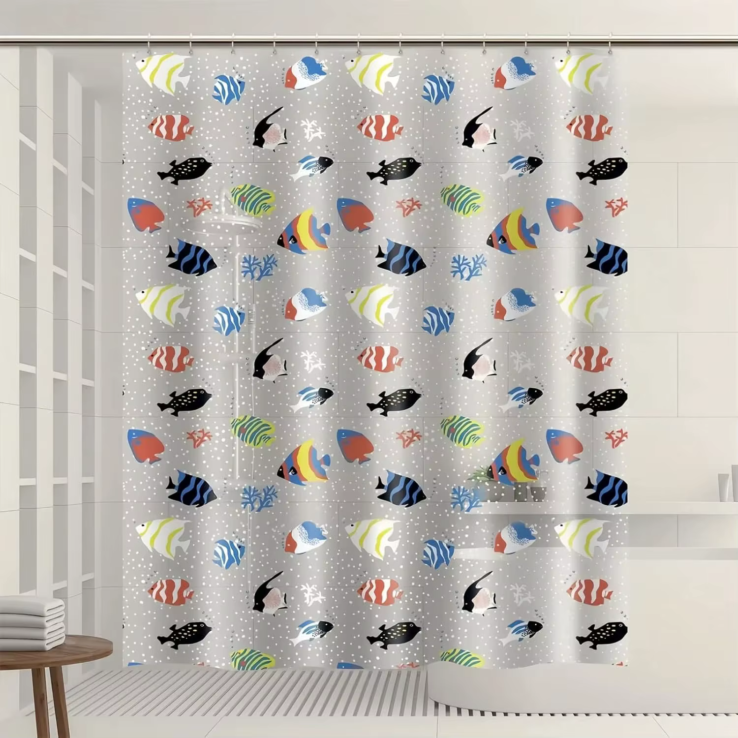 Rideau de douche à motif de poissons tropicaux, en PEVA, motif océan coloré - décoration de salle de